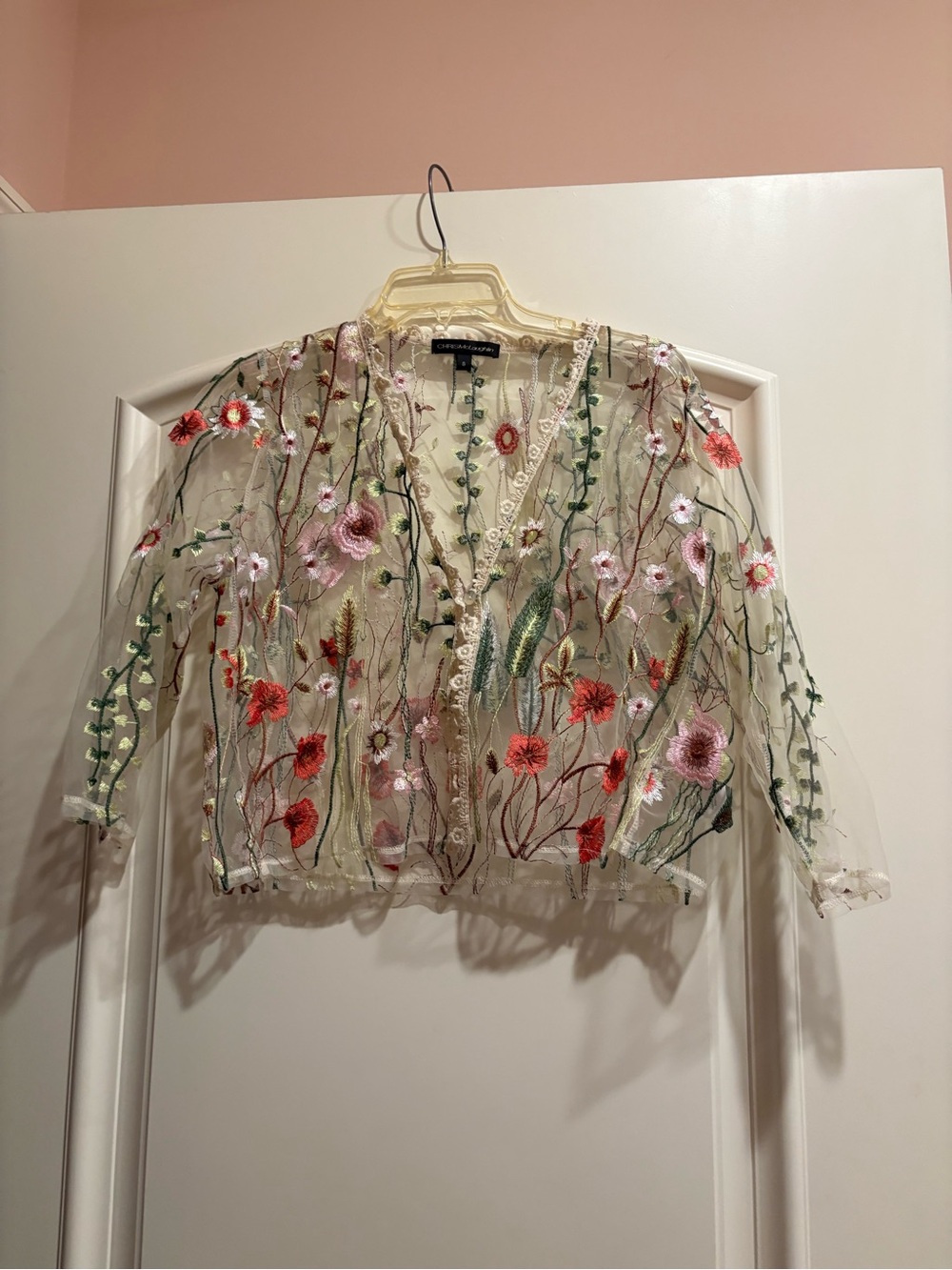 Sheer Embroidered Floral Button-Front Blouse - Cream with Multicolor Flowers